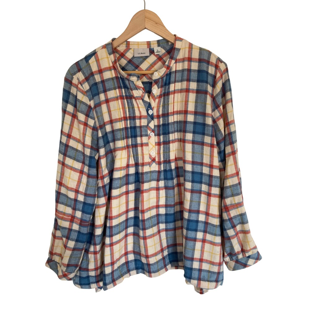 LL Bean Womens Large Plaid Flannel Tunic Blouse Blue Red Yellow Band Collar L